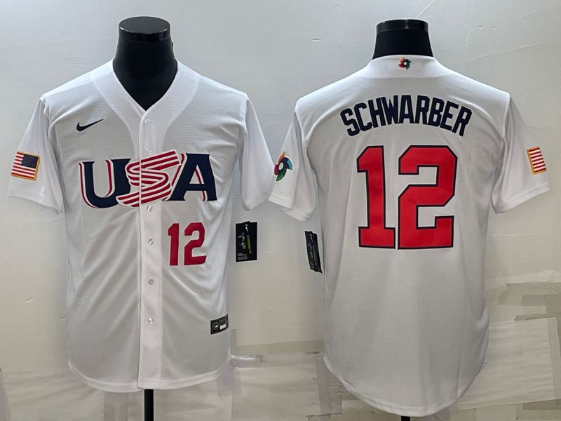 Men 2023 World Cub USA 12 Schwarber White Nike MLB Jersey7